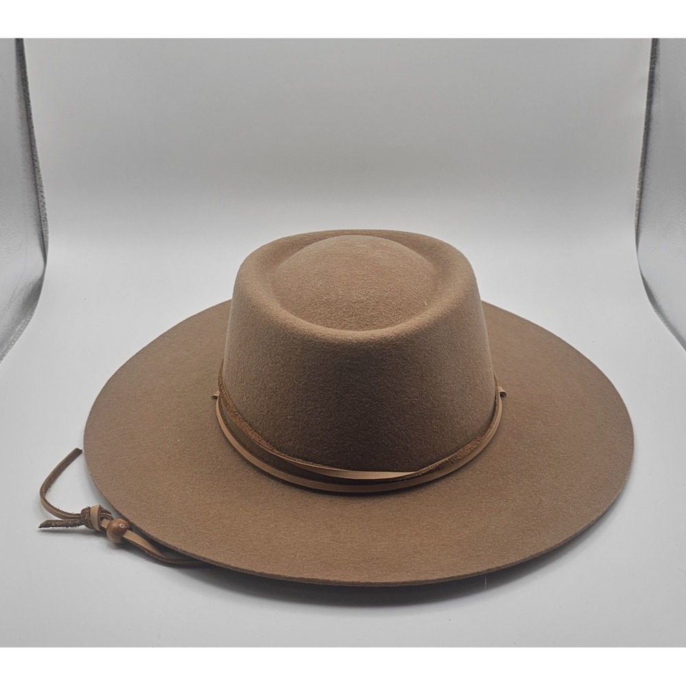 Gigi Pip Flat Brim Hat S/M Sz 57 100% Australian Wool Wren Brown Chin Strap Felt